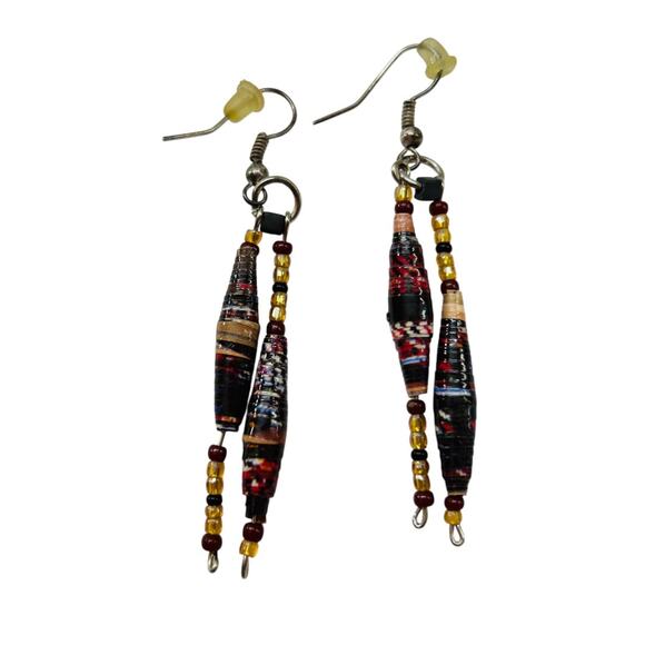 Paper and Seed Bead Earrings Fishhook Pierced 2.5" Drop Dangle - Picture 1 of 5